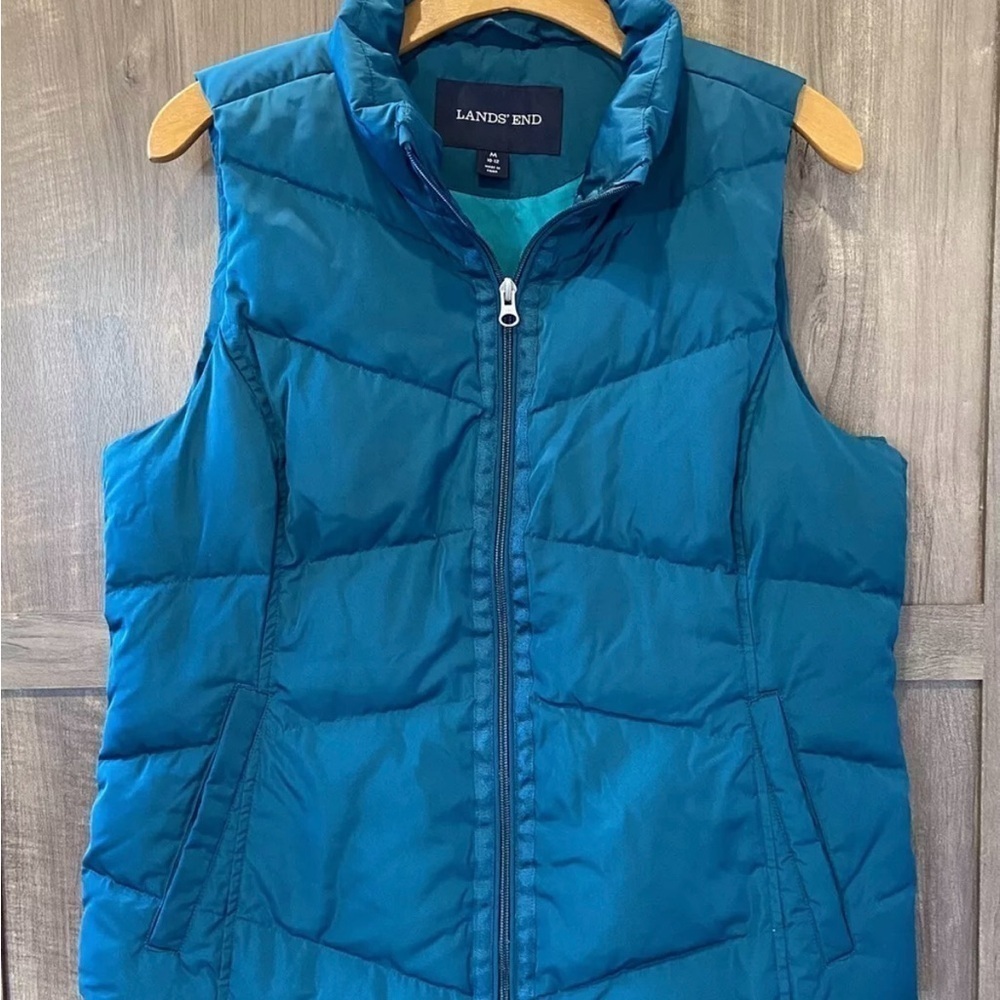 Lands End‎ Medium Goose Down Puffer Vest zip teal green